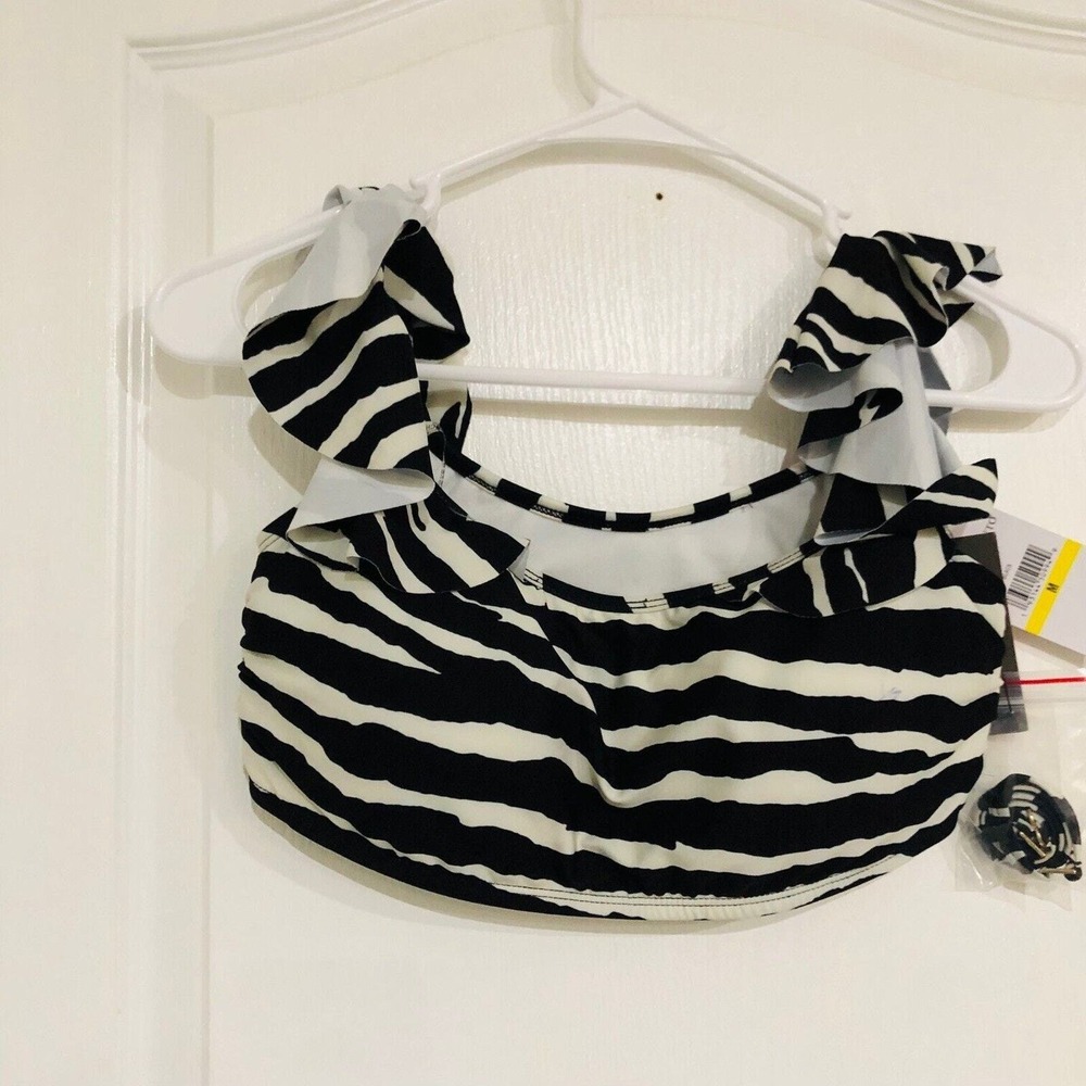 Vince Camuto Zebra Stripe Ruffle Bikini Top Black White Women's Size Medium NWT